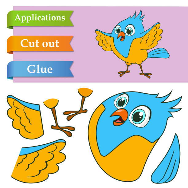 创建纸应用的卡通有趣的鸟。用剪刀剪下鹦鹉的部分，粘在纸上。教育逻辑游戏学龄前儿童帮助切割，坚持和学习动物图片下载