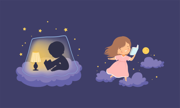 可爱的小男孩和女孩在柔软的云在晚上和阅读睡前故事向量集图片下载
