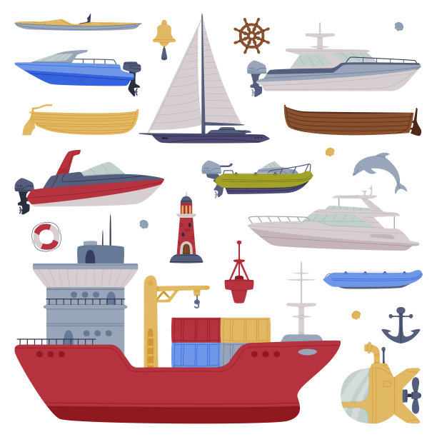 带有船和船向量集的水上船只或游泳船图片下载