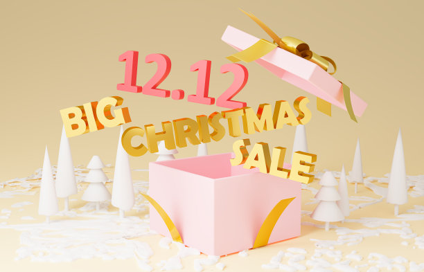 迷你购物礼品盒圣诞大甩卖概念。折扣和礼物为新年快乐，最小风格销售景观森林雪。3d渲染空间文本粉彩背景。12.12图片下载