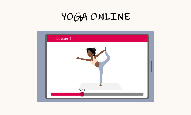 不用出门就能在线上瑜伽课。一个漂亮的非洲女孩在平板电脑屏幕上展示瑜伽体式。通过互联网进行瑜伽训练。矢量插图。图片下载