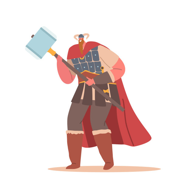 维京男性角色长胡子戴角头盔，靴子和角，保持锤孤立在白色背景图片下载