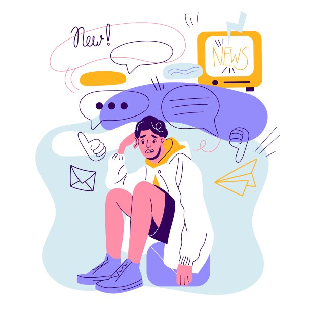 人们恐慌的信息。恐惧的悲伤的人坐在垃圾邮件周围，抑郁的压力大的人，混乱的数据流，电视和互联网无休止的新闻，社交媒体成瘾，矢量孤立的概念图片下载