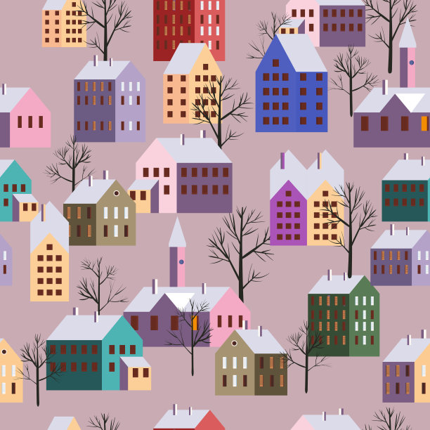 圣诞斯堪的纳维亚小镇，无缝图案冬季城市景观，树屋，新年和圣诞假期。矢量插图极简主义风格图片下载