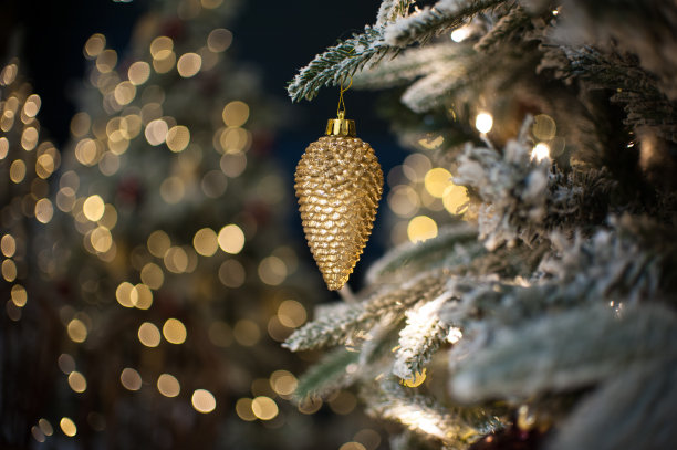 圣诞树上的金色松果特写，背景是散景图片下载