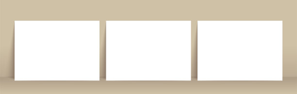 白色水平海报模型站在靠近棕色墙壁的地板上。空白画布模型设计图片下载