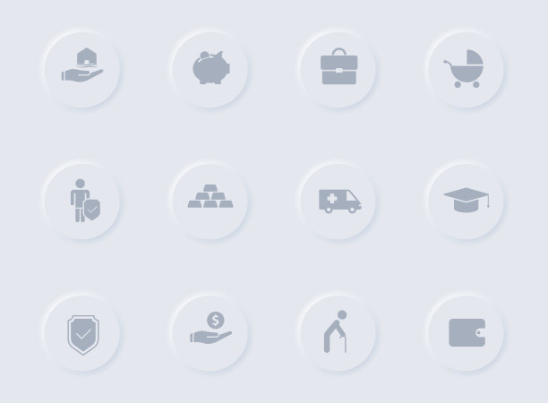 保险灰色矢量图标上的圆形橡胶按钮。保险图标集的web，移动应用程序，UI设计和促销业务测谎图片下载