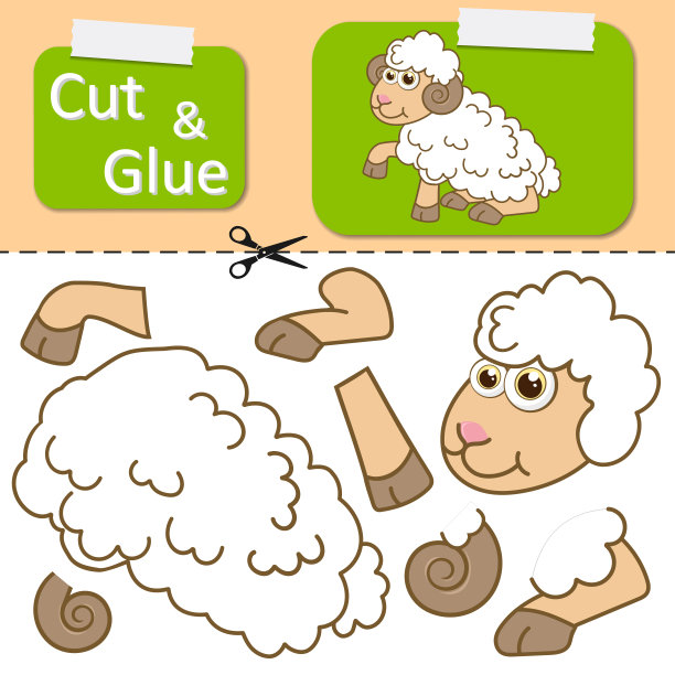 把纸切好，粘上。创建应用程序的卡通搞笑羊。儿童教育猜谜娱乐娱乐。儿童逻辑游戏，活动拼图。幼儿园工作表的活动。图片下载