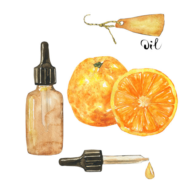橙色水果精油装在棕色玻璃瓶中，白色背景隔离。水彩手绘插图。用于医药、健康食品、封面、卡片的剪贴画。图片下载