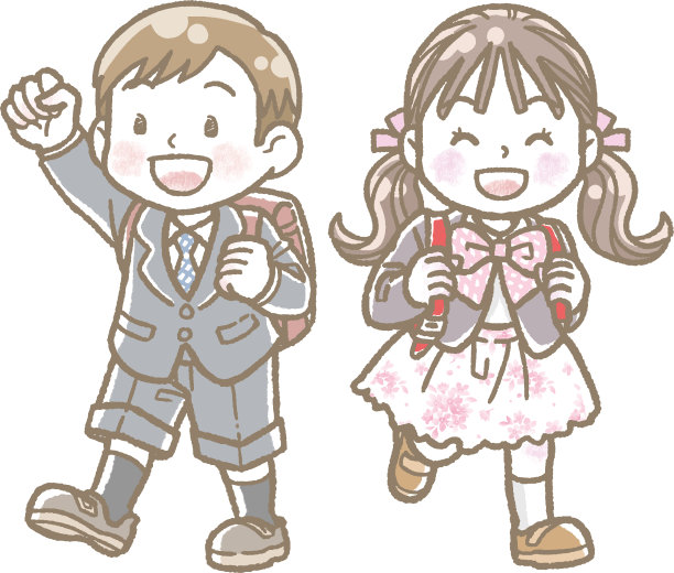 儿童进入小学的剪贴画。没有背景的男孩和女孩图片下载