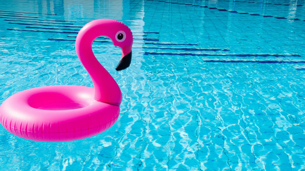 塑料火烈鸟。粉红色充气火烈鸟在游泳池水的海滩背景。时尚的夏天的概念。图片下载