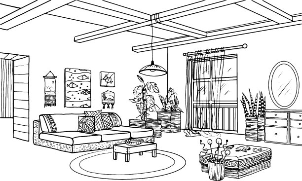 涂色书，家居室内涂色，一个室内风格为波西米亚风格和极简主义的房间，黑白手绘，图片下载