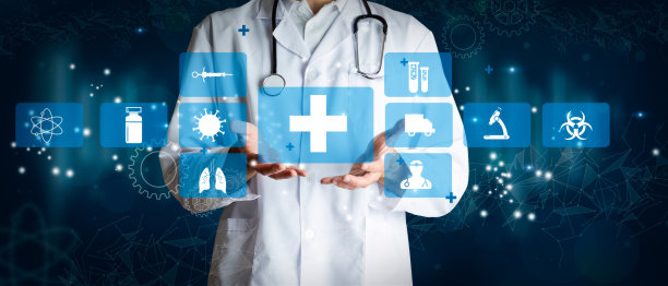 医生建议接种新冠疫苗。医疗未来科技创新概念。3D渲染图片下载