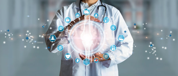 医生摸着疼痛的膝盖。关节疼痛和肌腱炎症的健康。健康的概念。渲染3 d图片下载