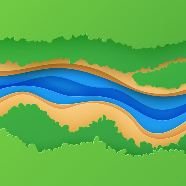 俯视图景观剪纸风格。3d背景鸟瞰图与河流绿色森林冠层和土地。矢量剪纸卡插图的创意概念理念，环境保护和自然图片下载