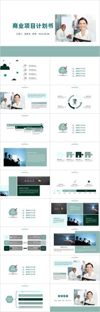 灰绿极简商业项目计划书PPT模板图片下载