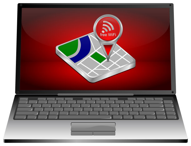 笔记本电脑与红色免费WiFi地图指针- 3D插图图片下载