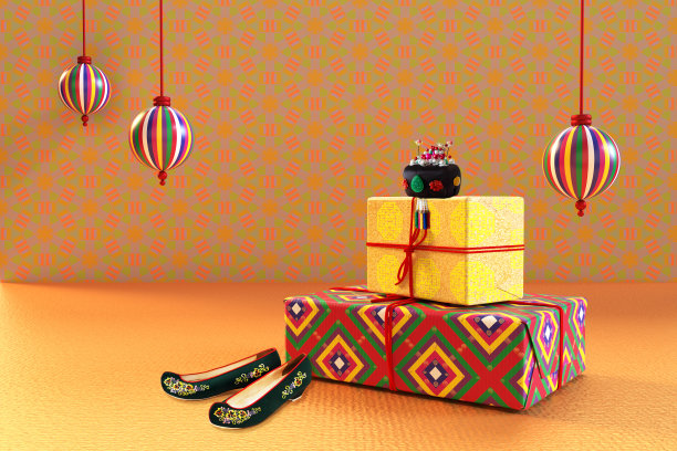 韩国传统节日背景。礼品盒、花胶鞋和彩虹色图案的新娘头饰。3 d渲染。图片下载