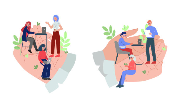 微小的男人和女人办公室员工工作在巨大的手向量集图片下载