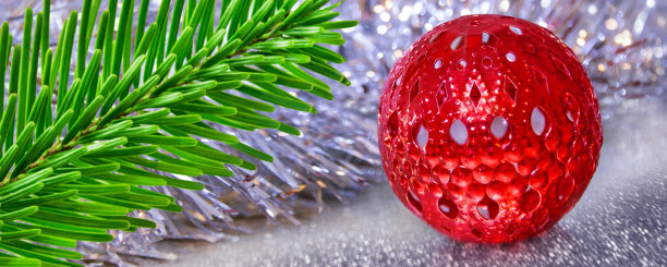 银色圣诞装饰和红色冷杉枝装饰图片下载