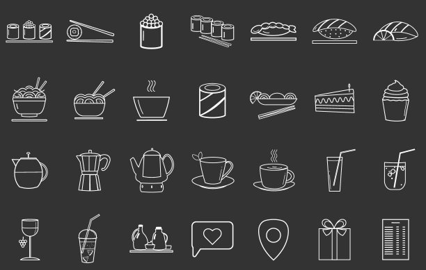 一套寿司图标、卷、面、汤、蛋糕、饮料、柠檬水、茶、菜单。亚洲美食。矢量线性元素在黑色背景上是白色的。图片下载