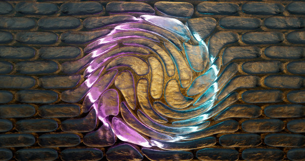 3 d渲染。墙与砖的纹理从冰在霓虹灯从圆灯。设计框架图片下载