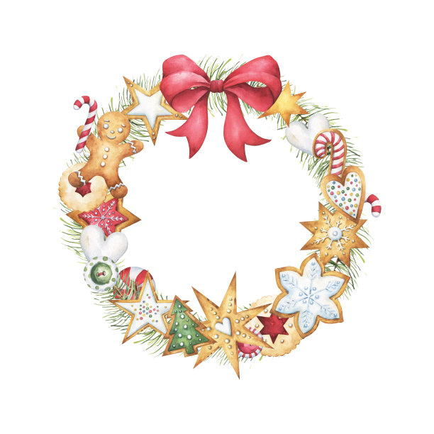 节日季节冬季，圣诞和新年庆祝主题花环与水彩姜饼饼干，甜食，松枝和红色装饰蝴蝶结clipart在白色的背景图片下载