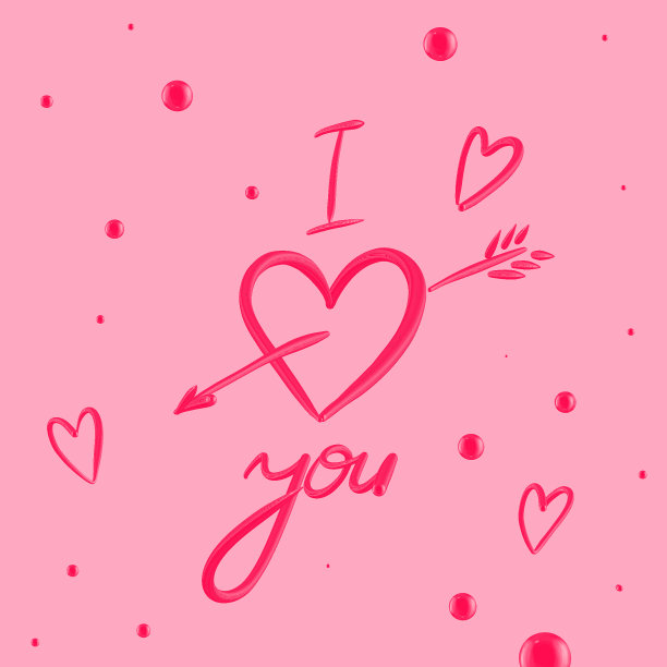 红色三维题字“我爱你”和心形在粉红色的背景上图片下载