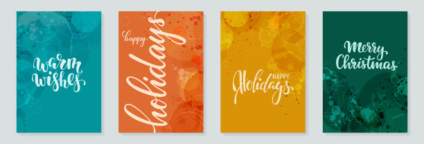 快乐的假期手画毛笔笔字母文字在笔触绘画背景与水彩污点。设计“圣诞快乐，新年快乐”的节日贺卡和请柬图片下载