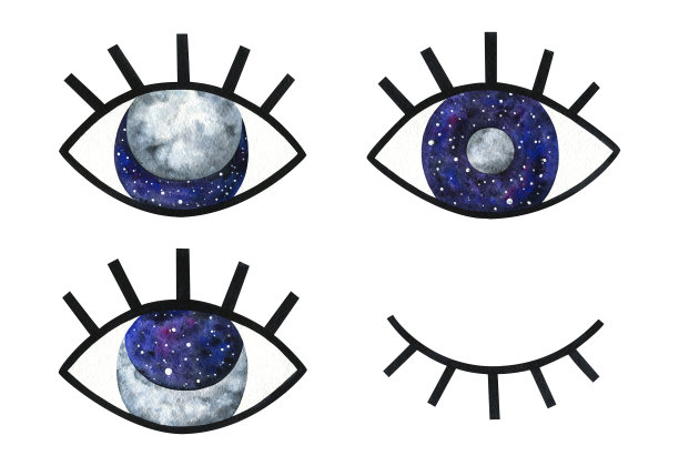 黑睫毛的大眼睛，月亮和太空。时尚的水彩插图。一种神秘的、抽象的、孤立在白色背景上的剪贴画。蓝紫色的装饰性瞳孔。库存图纸集图片下载