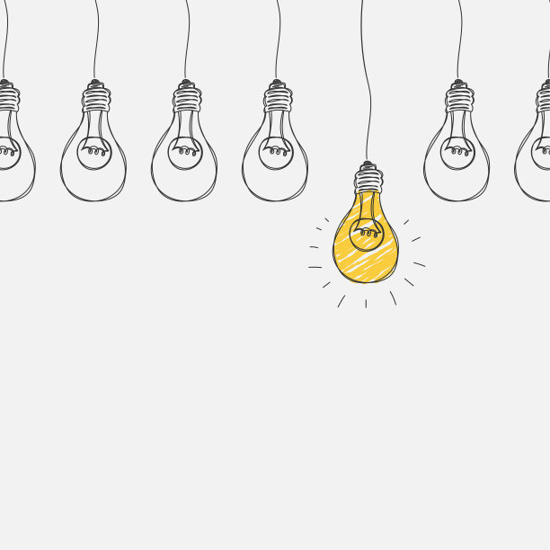 一组悬挂的灯泡，其中一个发光。手绘涂鸦风格。矢量图图片下载