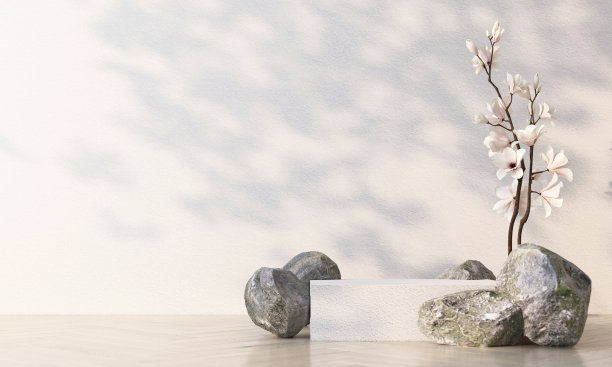 最小的化妆品背景为产品介绍。与石头岩石和化妆瓶裙在灰色混凝土墙背景。3 d渲染插图。图片下载