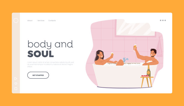 夫妇日期在浴缸着陆页模板。放松，沐浴身体护理，蜜月概念。青年男女图片下载