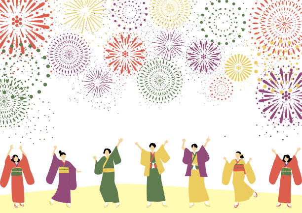 平风格的和服人和烟花图片下载