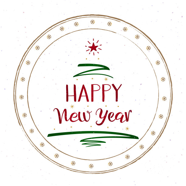 亲笔书法写在圆形橡皮图章上的贺年卡。绿色的圣诞树笔画和一颗红色的星星。多色斑点纹理背景。雪花绕成一圈。图片下载