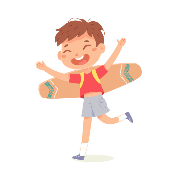 小孩玩纸板飞机来，可爱的男孩用飞机翅膀飞，飞机旅行图片下载