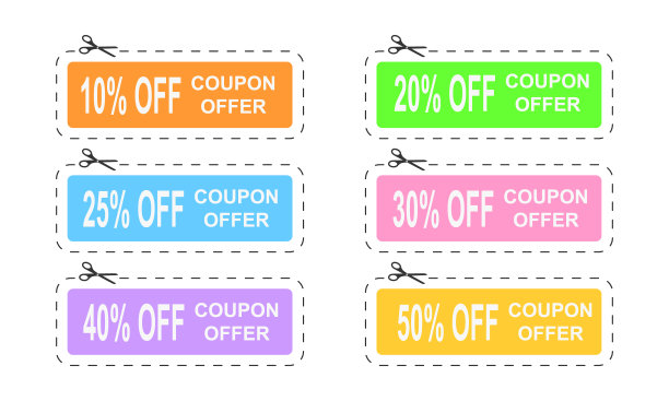 折扣券有不同百分比优惠。一套优惠券与虚线切割线和剪子图标孤立在白色背景上。矢量平面插图图片下载