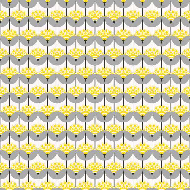 几何花和叶无缝图案在黄色，灰色和黑色的白色背景图片下载