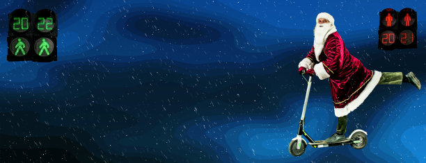 明信片与圣诞老人骑摩托车在一个下雪的背景。拼贴画。图片下载