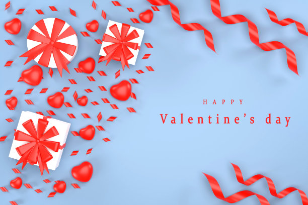 顶视图的礼品盒，心形和丝带的蓝色背景情人节的概念图片下载