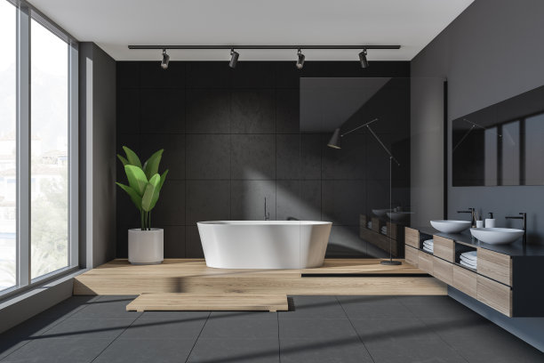 深色浴室内饰，洗手池和浴缸靠近窗户图片下载