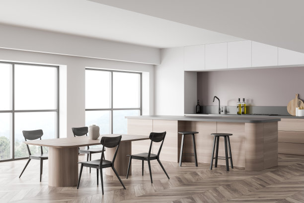 角落视图明亮的厨房室内与四把椅子图片下载