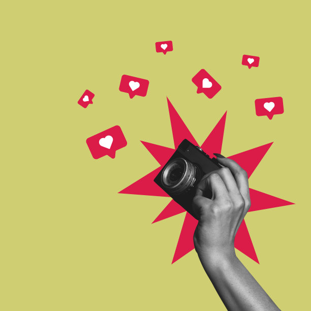 现代设计。当代艺术拼贴女性手握相机，照片孤立在绿色背景。喜欢图片下载