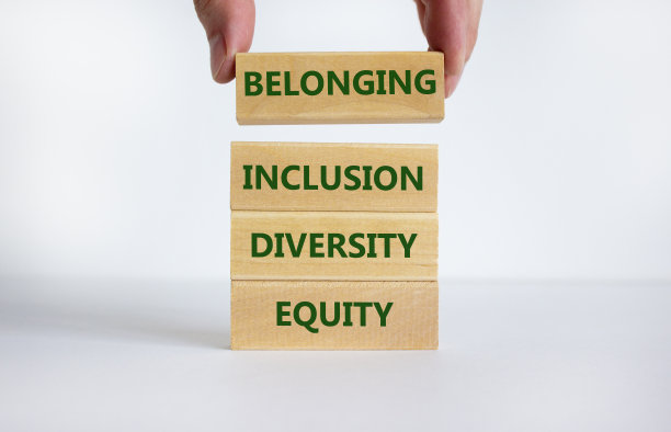 公平、多元化、包容、归属感的象征。白色背景上写着“公平、多样性、包容、归属感”的木块。多元化、公平、包容、归属感。图片下载