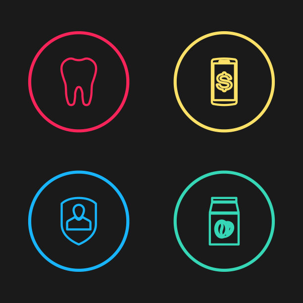 设置线用户保护，袋装咖啡豆，带美元和牙齿图标的智能手机。向量图片下载