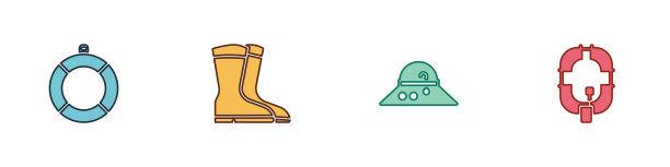 设置救生圈，钓鱼靴，渔人帽和充气船的图标。向量图片下载