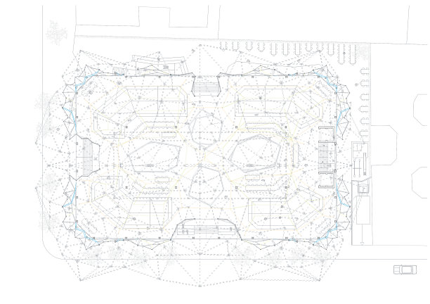 建筑图纸翻新市场的平面图，包括一个三角形参数屋顶。图片下载