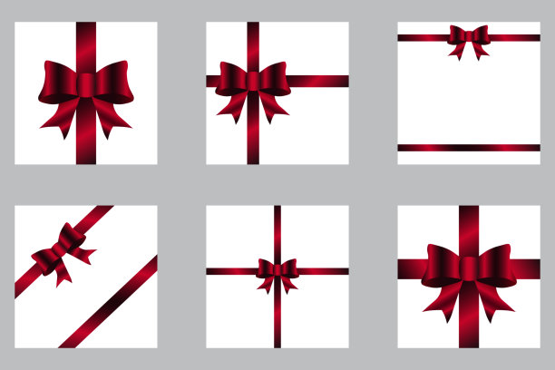 一套红色蝴蝶结与丝带，矢量插图。图片下载