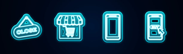 设置线悬挂标志与关闭，市场商店购物车，智能手机，手机和移动。发光的霓虹灯图标。向量图片下载