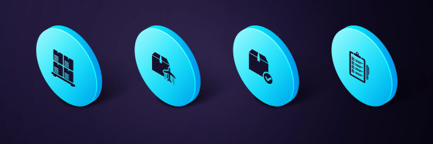 设置发货清单的等距验证，带勾号的包装盒，飞机和纸板，纸箱托盘图标。向量图片下载